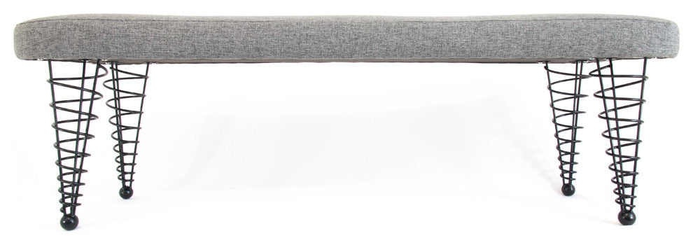 Modern Upholstered Bench from Spiral Cone Legs, Grey Tweed, 59-Inch
