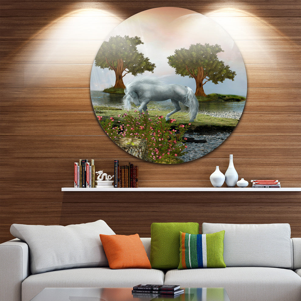 White Horse And Green Trees, Landscape Art Round Wall Art, 11"