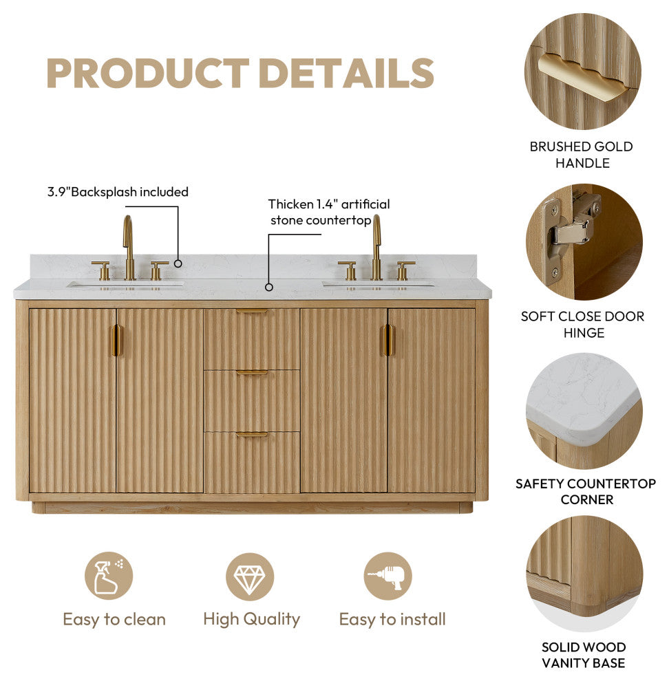 Vinnova Cadiz Bath Vanity, Composite Stone Top, Washed Ash Grey, 72", No Mirror