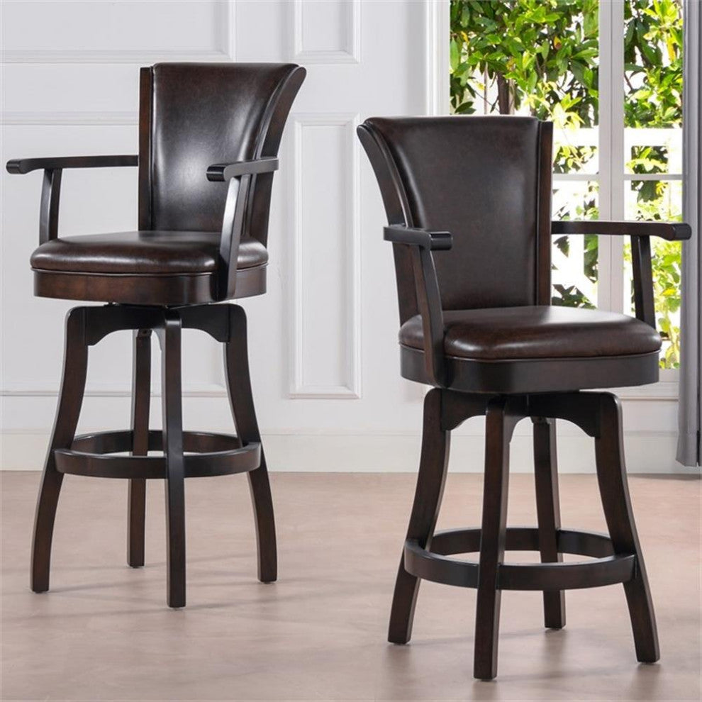 Maklaine Modern 31" Swivel Bar Stool with Armrests in Vintage Brown Faux Leather
