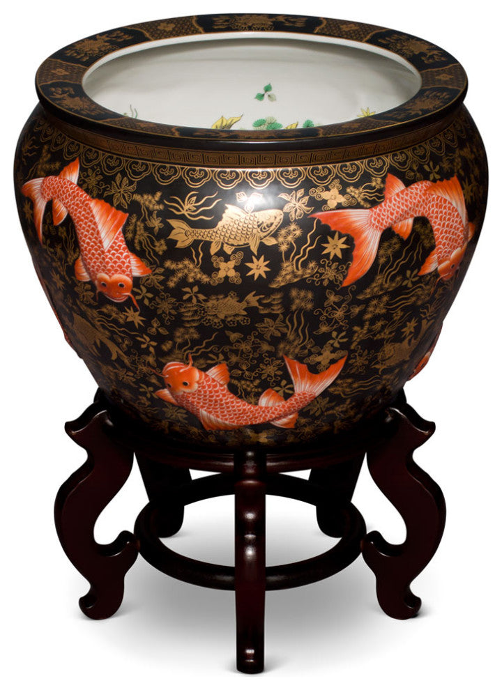 16 Inch Porcelain Koi Fish Motif Chinese Fishbowl Planter