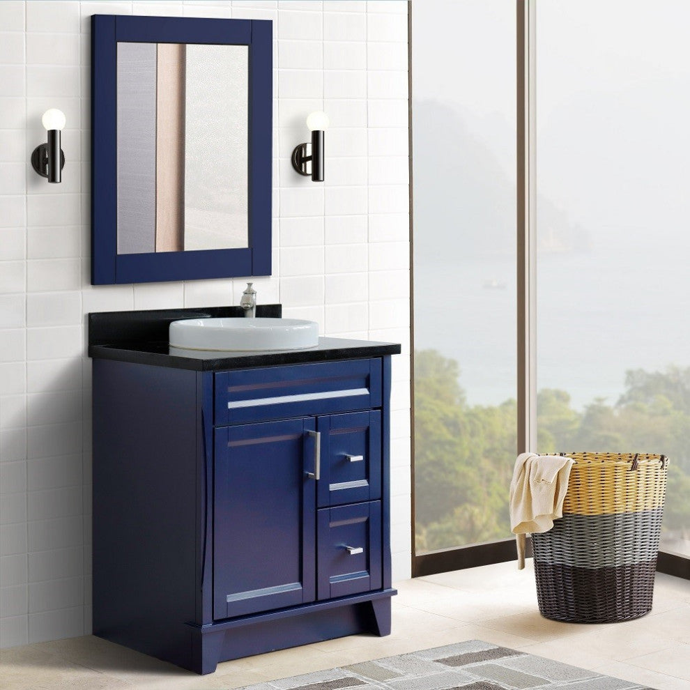 31" Single Sink Vanity, Blue Finish With Black Galaxy Granite With Round Sink