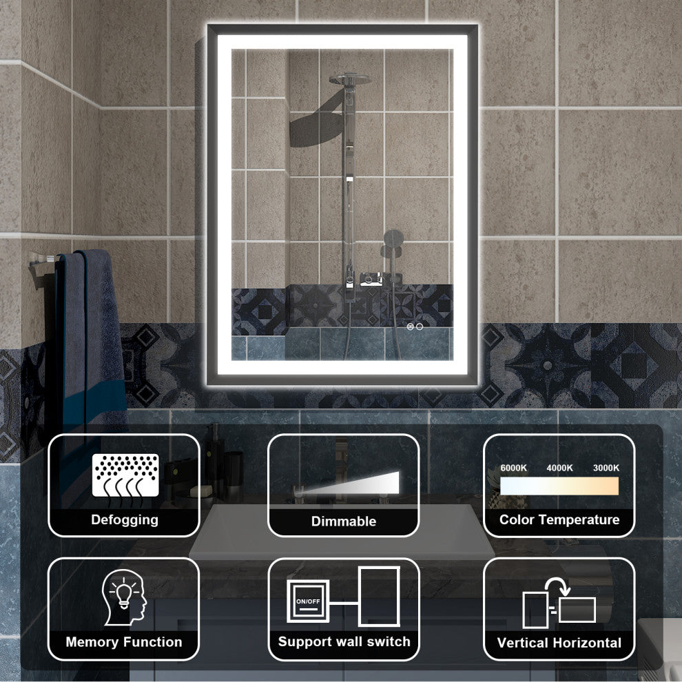 Beveled Bathroom LED Mirror Framed, Backlit and Front Light, Matte Black, 24"x32"