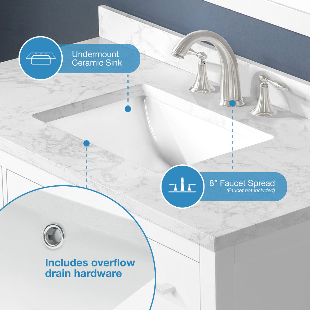 The Hudson Bathroom Vanity, White, 42", Single Sink, Freestanding