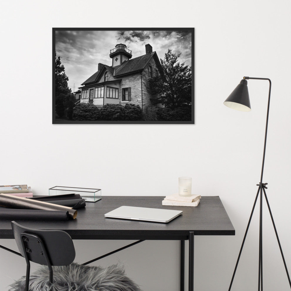 Cedar Point Lighthouse in Black and White Framed Photo Paper Wall Art Prints, Black, 24" X 36"