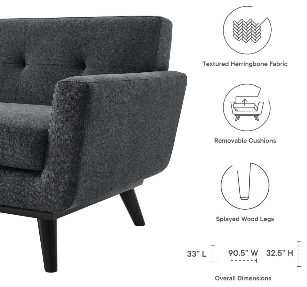 Sofa, Charcoal Gray, Fabric, Modern, Mid Century Hotel Lounge Cafe Lobby