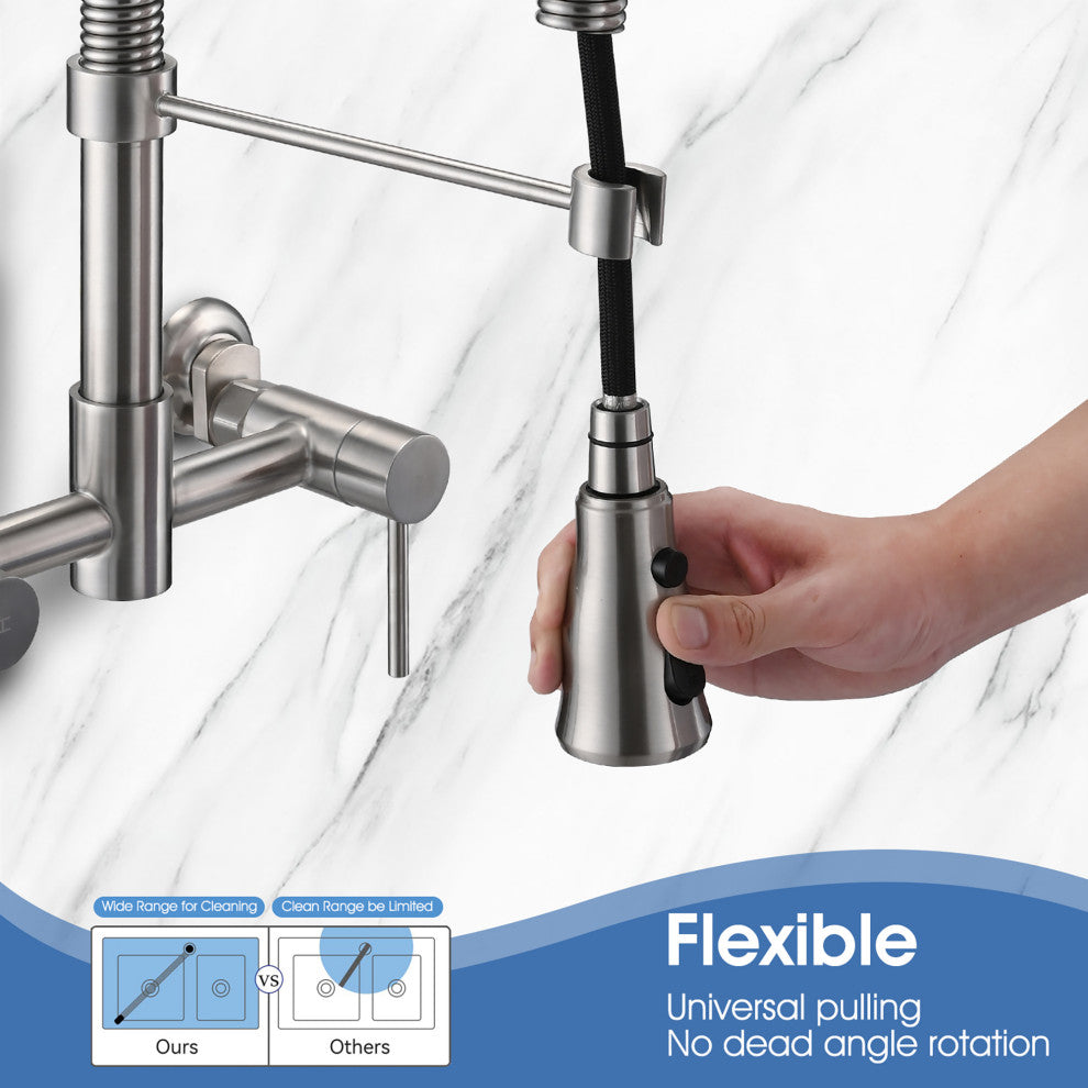 Double Handle Wall Mounted Spring Neck Bridge Kitchen Faucet, Brushed Nickel