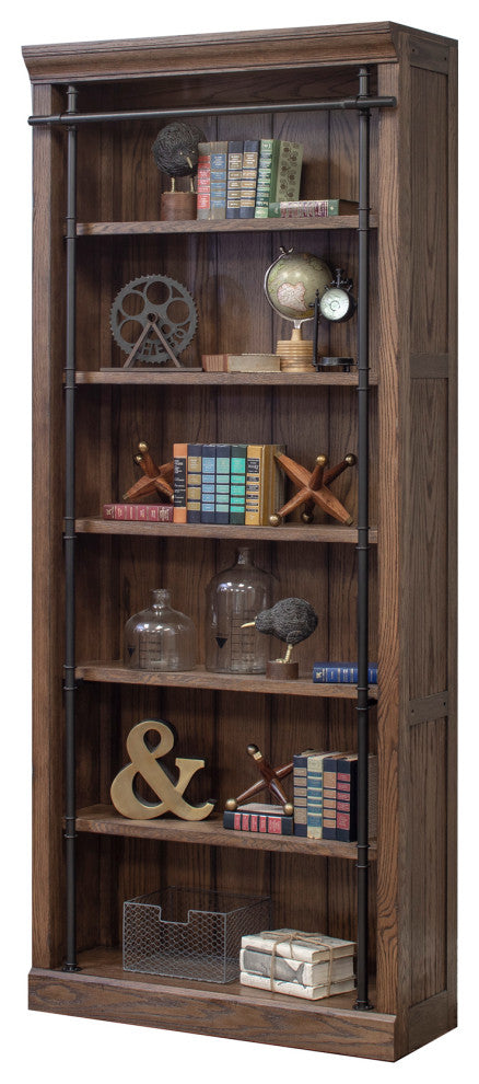 8' Tall Bookcase Wall With Ladder, Storage Organizer, Brown
