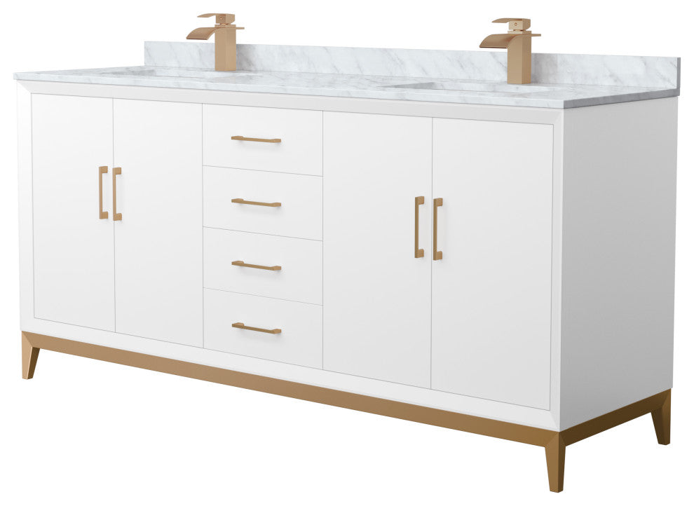 Amici 72" White Double Vanity, White Carrara Marble Top, Satin Bronze Trim
