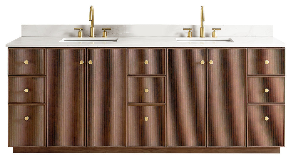 Oza Bath Vanity with Quartz Stone Top, Aged Dark Brown Oak, 84", Double Vanity, No Mirror