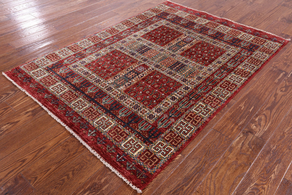 Tribal Persian Gabbeh Handmade Wool Rug 4' 1" X 5' 8" Q5843