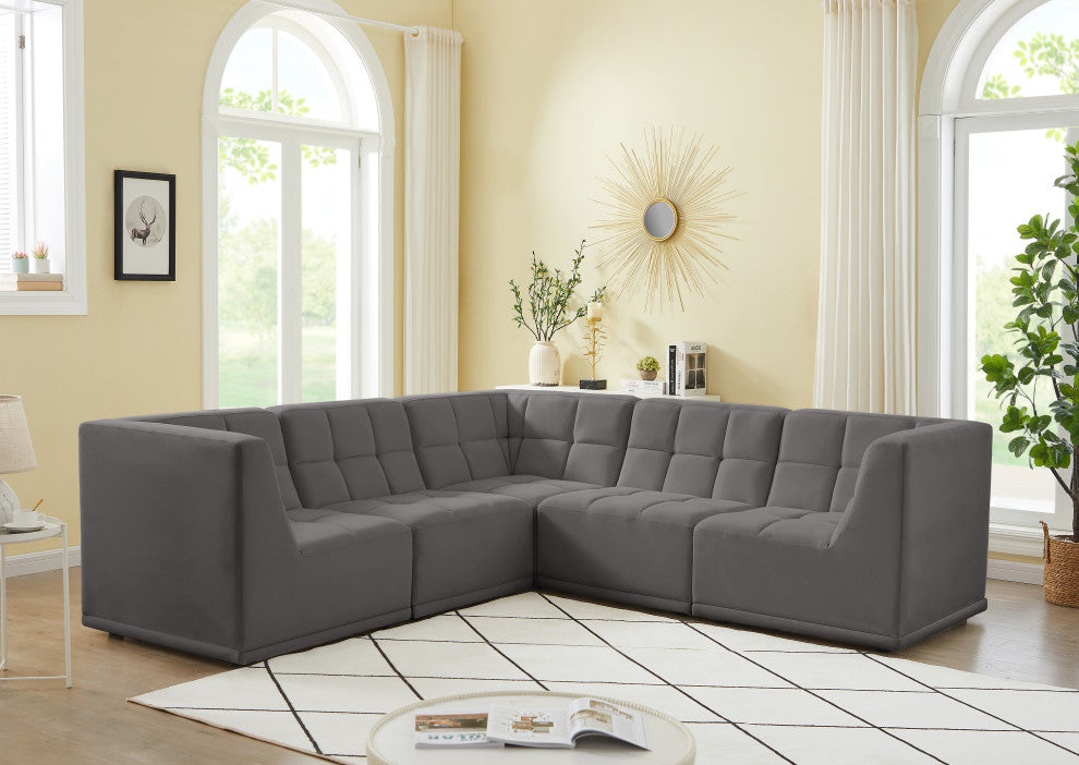 Relax Velvet Upholstered 5-Piece L-Shaped Modular Sectional, Grey
