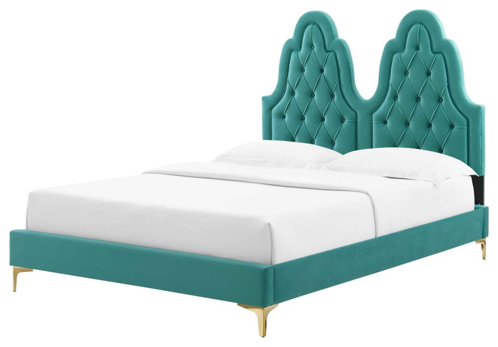 Tufted Platform Bed Frame, King Size, Velvet, Teal Blue, Modern Contemporary