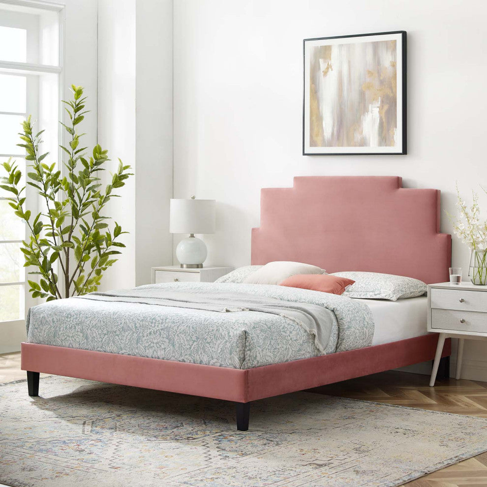 Platform Bed Frame, King Size, Velvet, Pink, Modern Contemporary, Bedroom Master