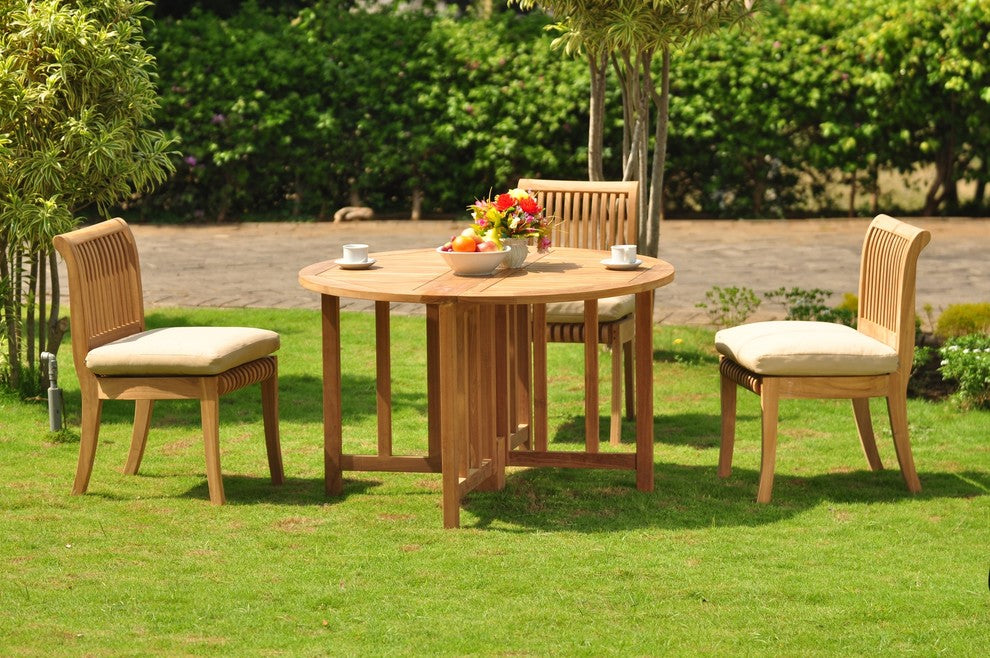 4-Piece Teak Set, 48" Butterfly Table, 3 Giva Chairs, Sunbrella Cushion, Cocoa