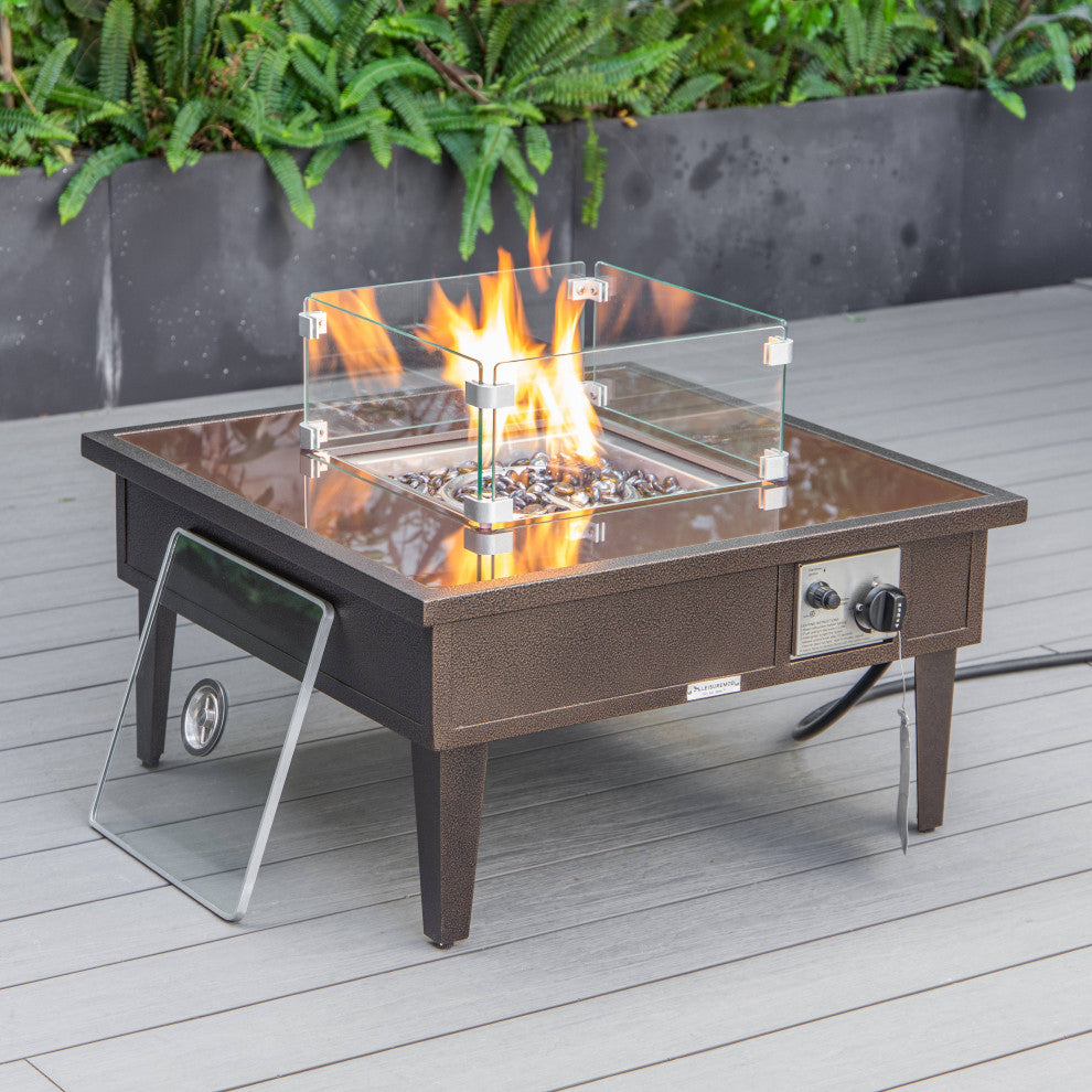 LeisureMod Walbrooke Square Fire Pit Table and Tank Holder, Brown