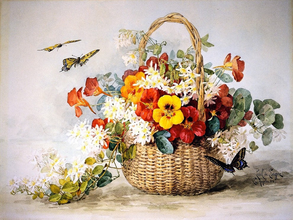 Tile Mural Still Life Of Nasturtiums, Jasmine Butterflies, 6"x8", Glossy