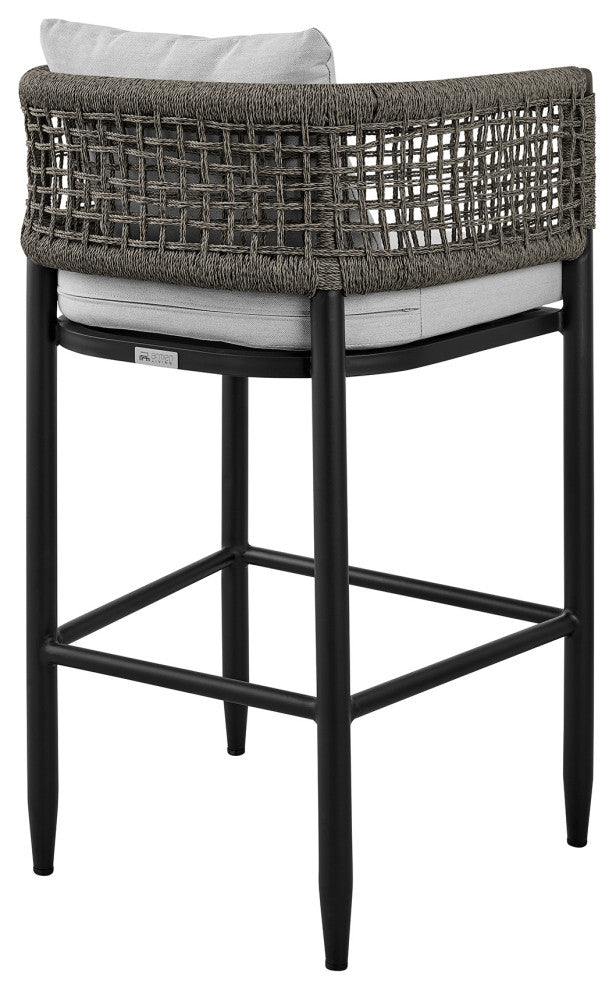 Felicia Patio Stool, Metal With Gray Rope and Cushions, Black, Counter Height