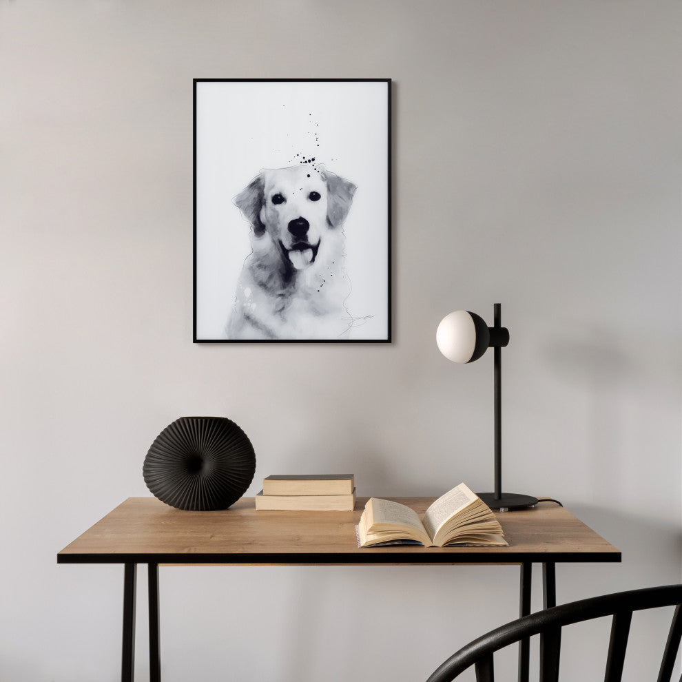 "Golden Retriever" Black and White Pet Art on Printed Glass with Anodized Frame