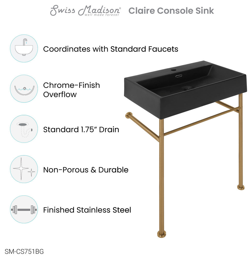 Claire 24" Ceramic Console Sink Matte Black Basin Gold Legs, Brushed Gold