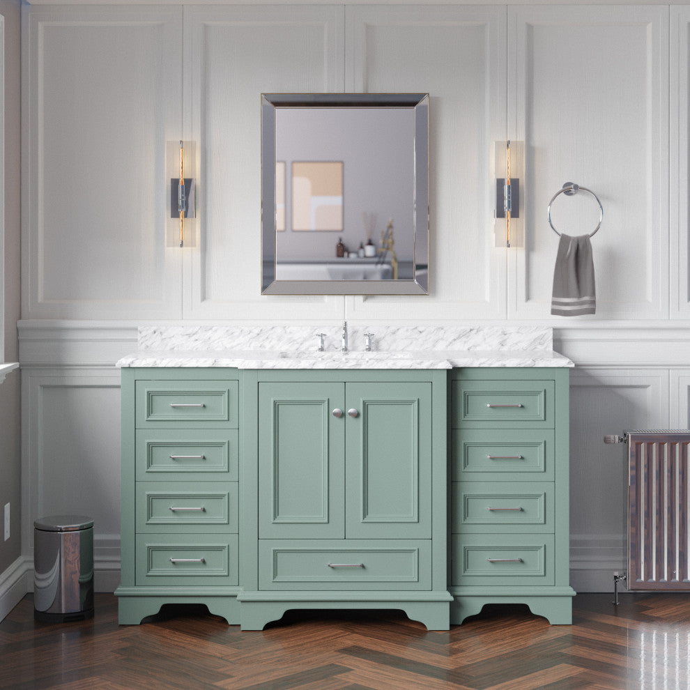 Nantucket 60" Bath Vanity, Sage Green, Carrara Marble, Single Vanity