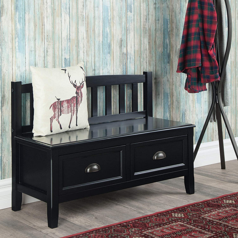 Armless Storage Bench, Slatted Back and 2 Drawers With Cup Pulls, Black