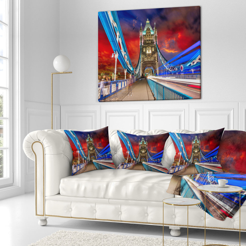 Storm Over Tower Bridge at Night Cityscape Photo Throw Pillow, 18"x18"