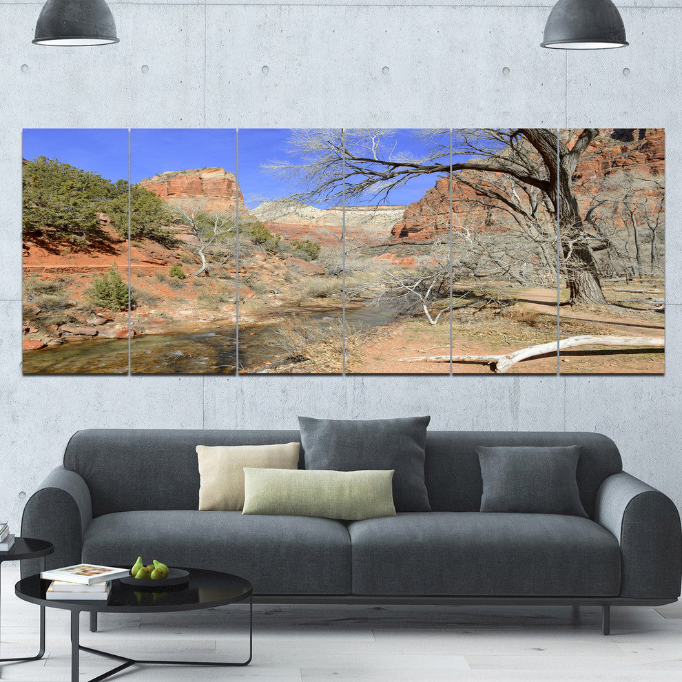 Red Rock Mountain in Zion Park, Landscape Canvas Art Print, 70"x28", 6 Panels