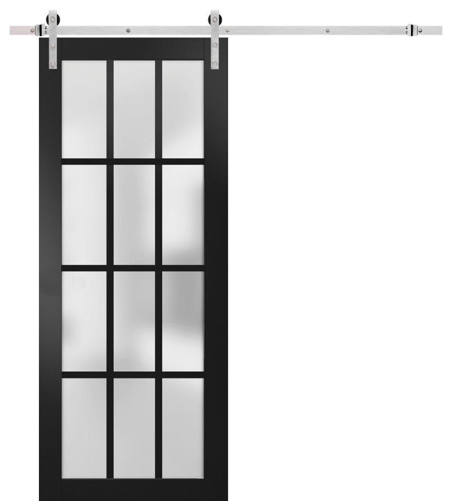 Barn Door 32 x 80, Felicia 3312 Matte Black Frosted Glass, Silver 6.6' Rail