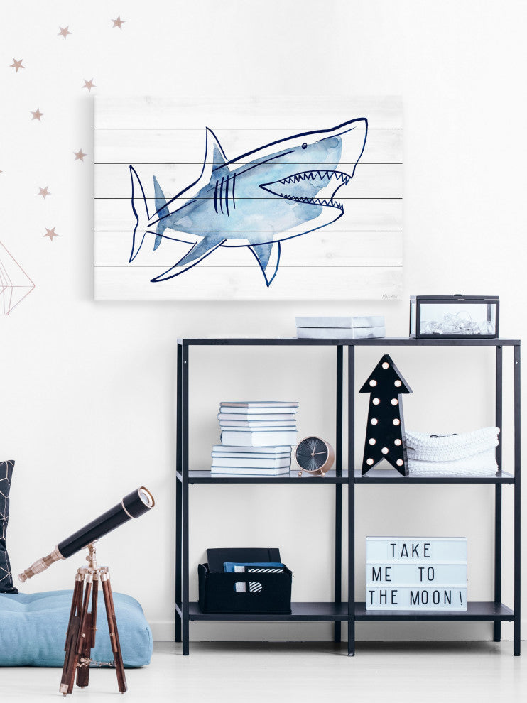 "Shark Outline" Painting Print on White Wood, 36x24