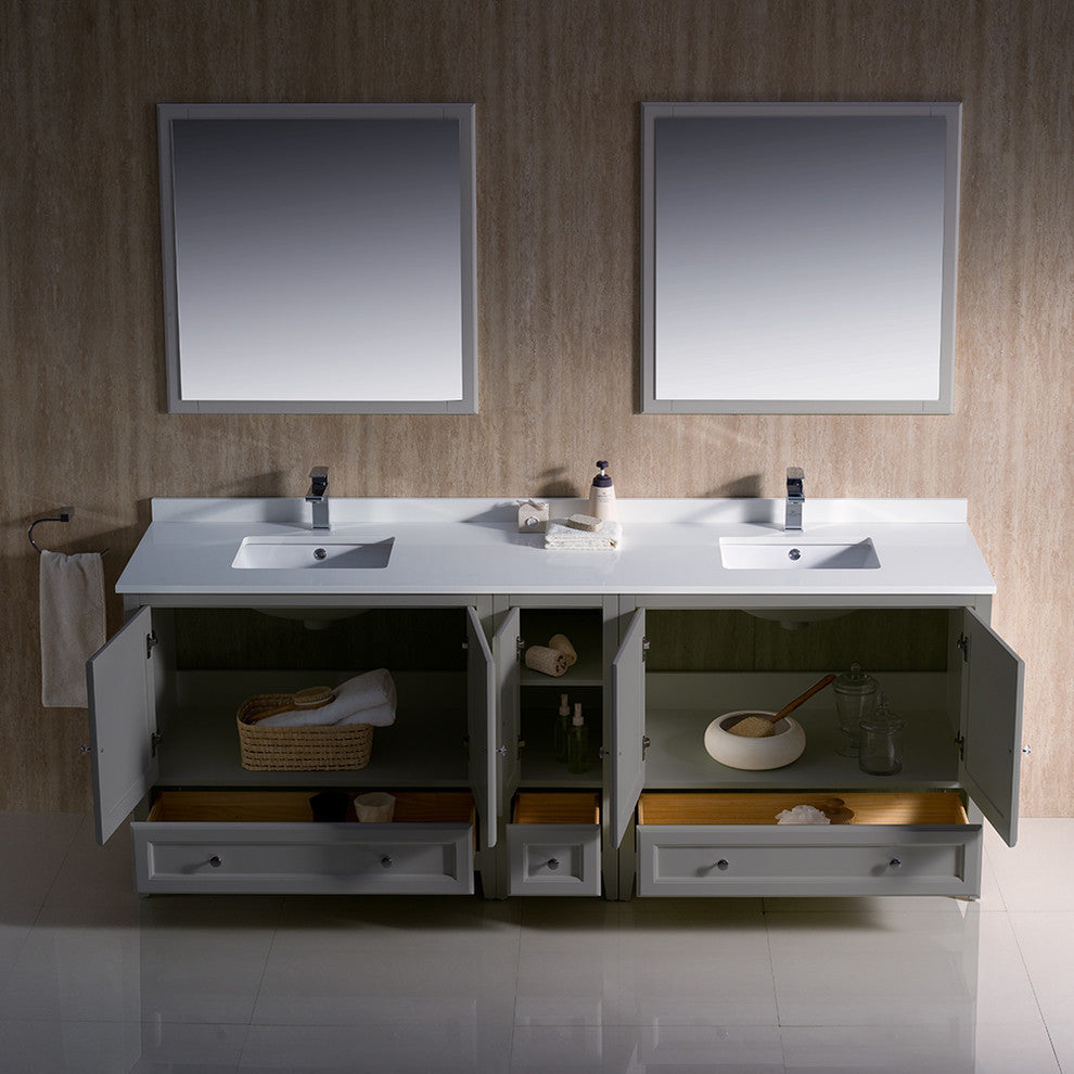 Oxford 84" Gray Traditional Double Sink Bathroom Vanity, Faucet, FFT3811CH