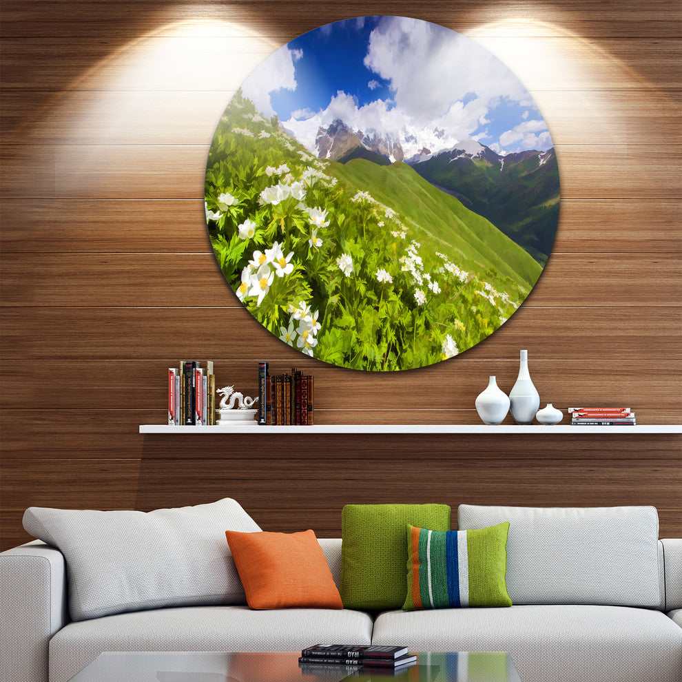 Blossom Flowers In Mountains, Landscape Disc Metal Artwork, 11"