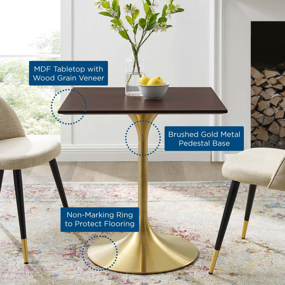 Dining Table, Square, Wood, Gold Dark Brown Brown Walnut, Cafe Bistro Restaurant