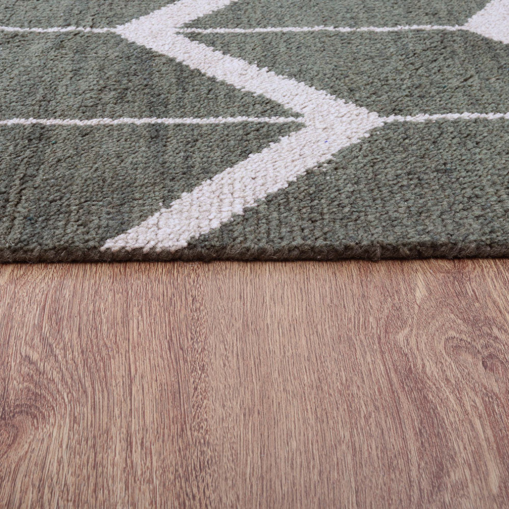Hand Knotted Wool Area Rug Geometric Green Beige
