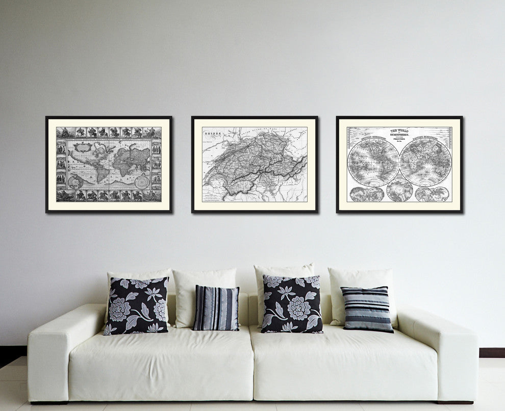 Switzerland Vintage B&W Map Canvas Print, 28"x37"