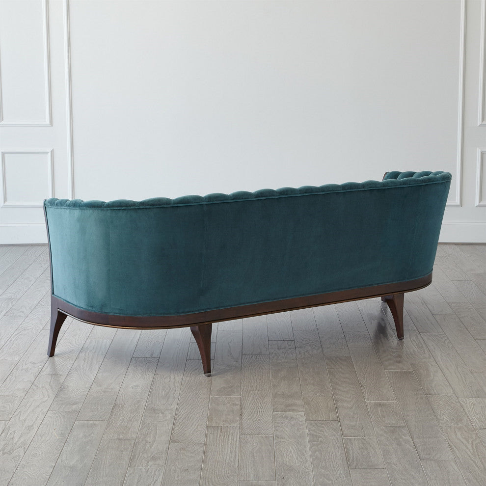Dragonfly Aqua Blue Velvet Channel Back Sofa Vintage Style Retro Curved 3 Seat