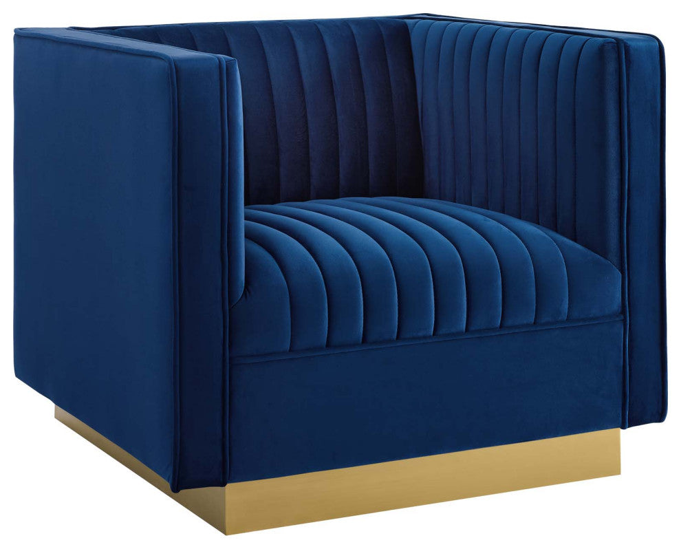 Tufted Upholstered Performance Velvet Sofa and Armchair Set - Navy