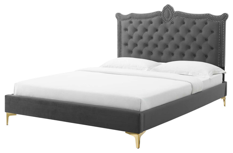 Platform Bed Frame, Nailhead, Queen Size, Charcoal Gray, Velvet, Modern