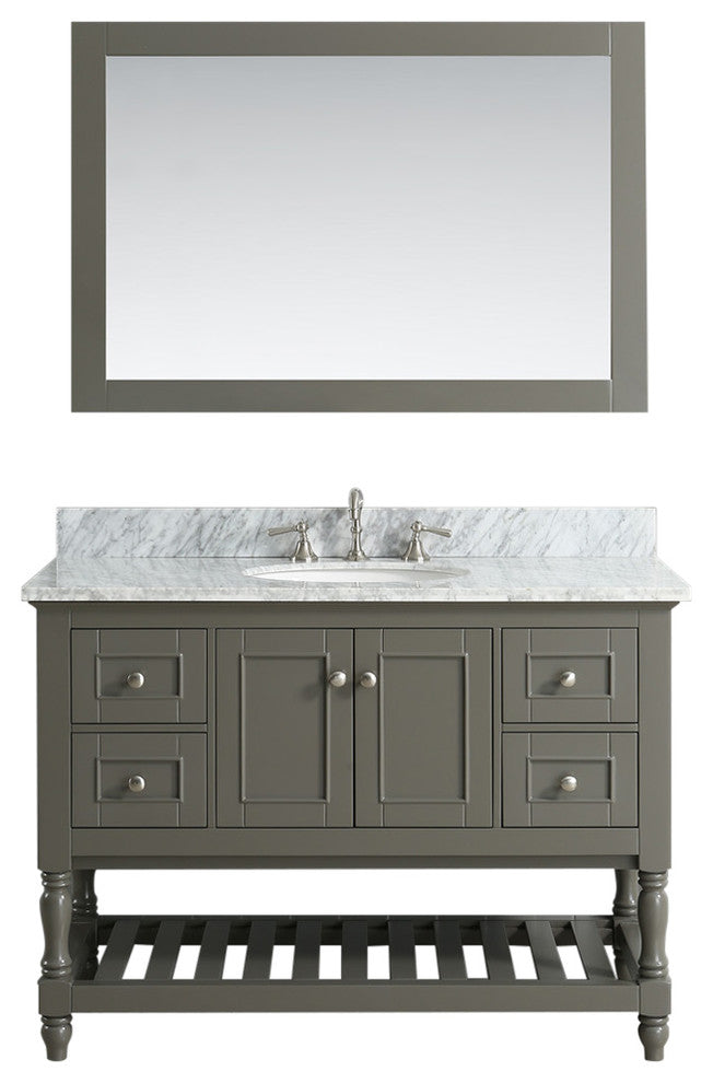 Silvia Bathroom Sink Vanity Set, White Marble Top, Base: Distressed Gray, 48"