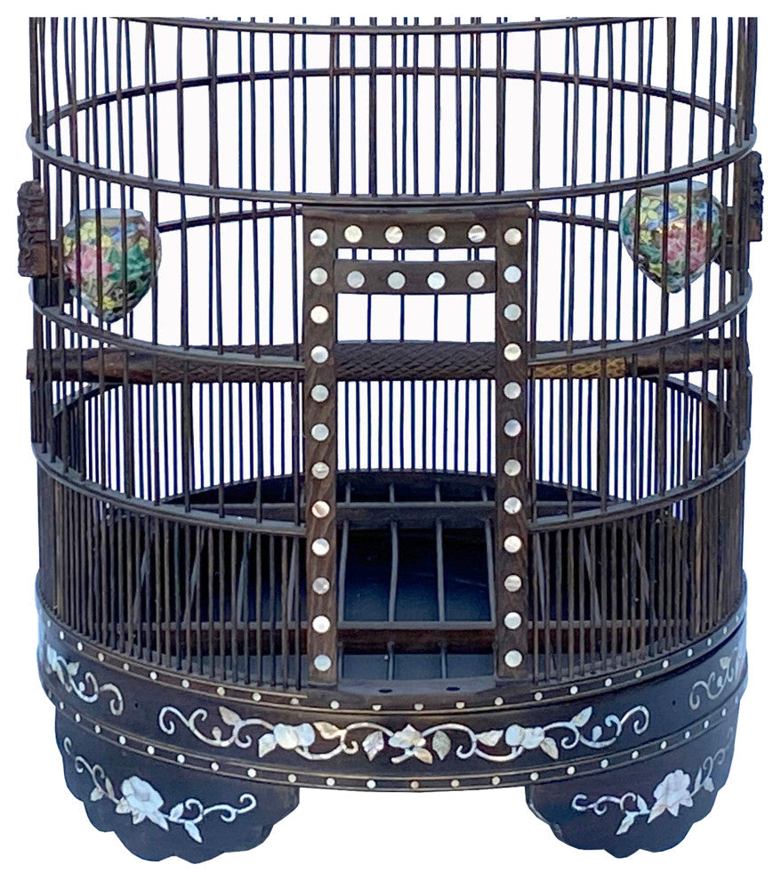 Chinese Tan Rosewood Mother of Pearl Inlay Round Collectable Birdcage Hcs7323