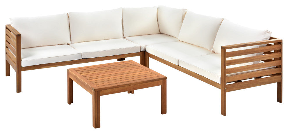 Wood Structure Outdoor Sofa Set with gray Cushions, Beige