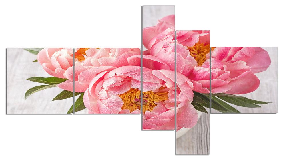 Peony Flowers on White Floor, Floral Canvas Art Print, 60"x32", 5 panels