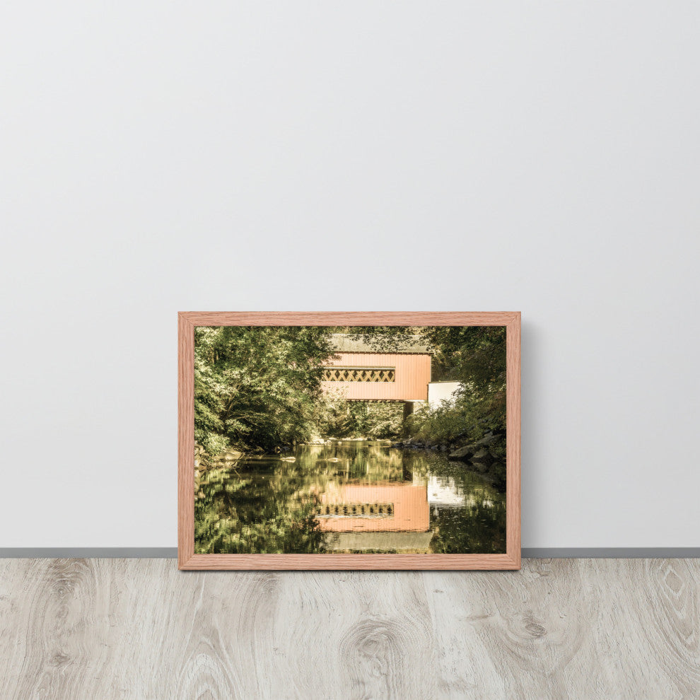 The Reflections of Wooddale Covered Bridge Aged Framed Photo Wall Art Print, Red Oak, 12" X 16"