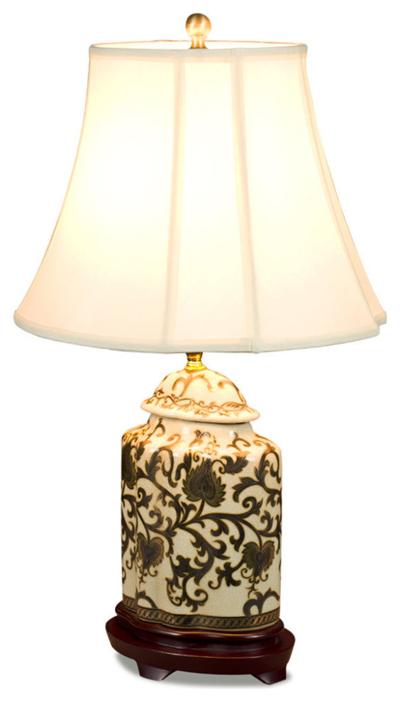 Black and Gold Floral Vine Motif Asian Porcelain Lamp