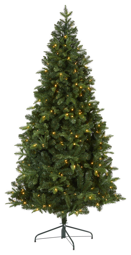 7' Grand Teton Spruce Flat Back Faux Xmas Tree W/ Lights & Bendable Branches