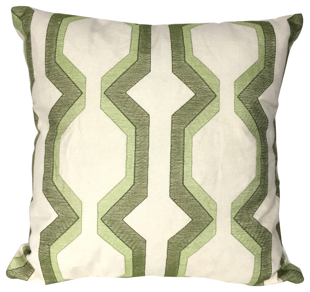 Benzara BM200588 Cotton Pillow with Geometric Embroidery, Green and White
