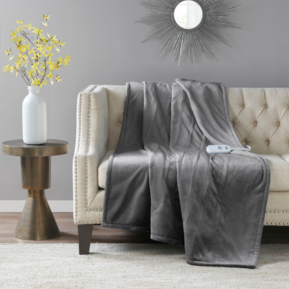 Serta Plush Heated Throw, Dark Grey
