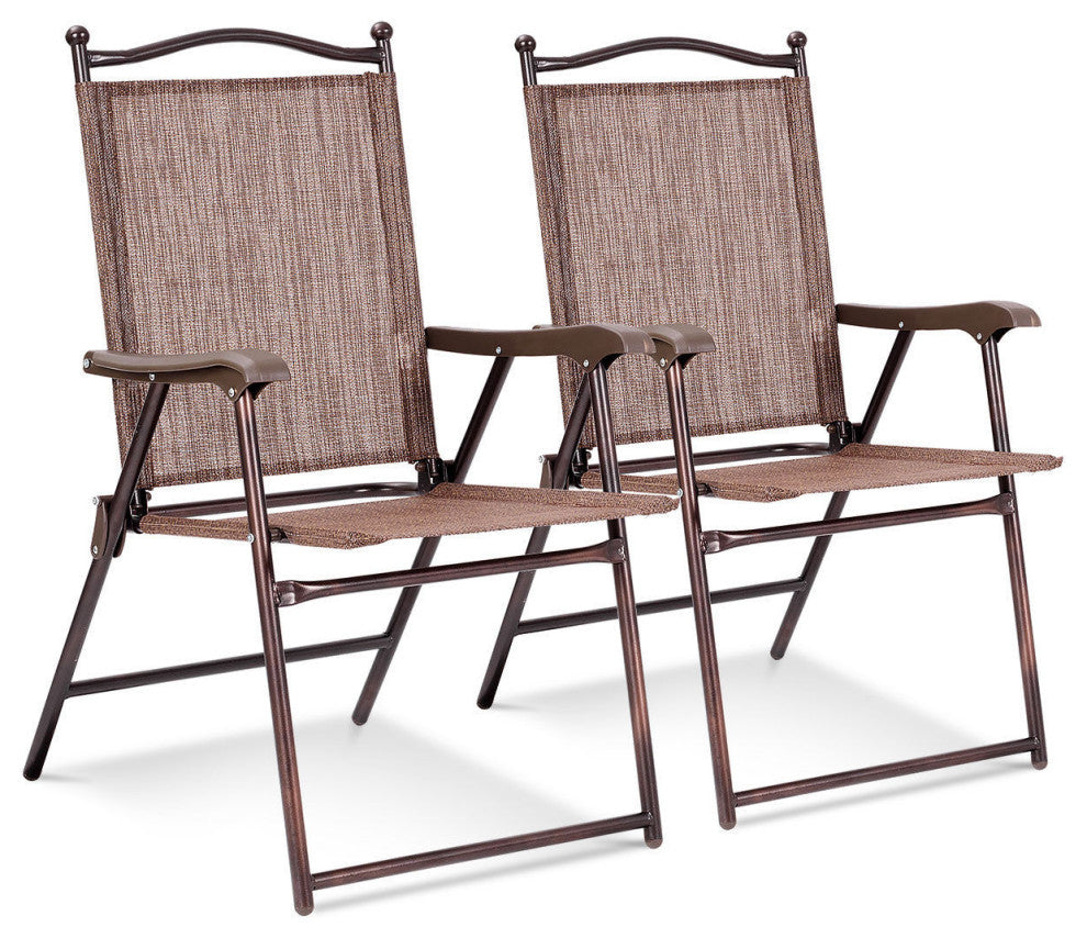 Costway Set of 2 Patio Folding Sling Back Chairs Camping Garden Beach Brown