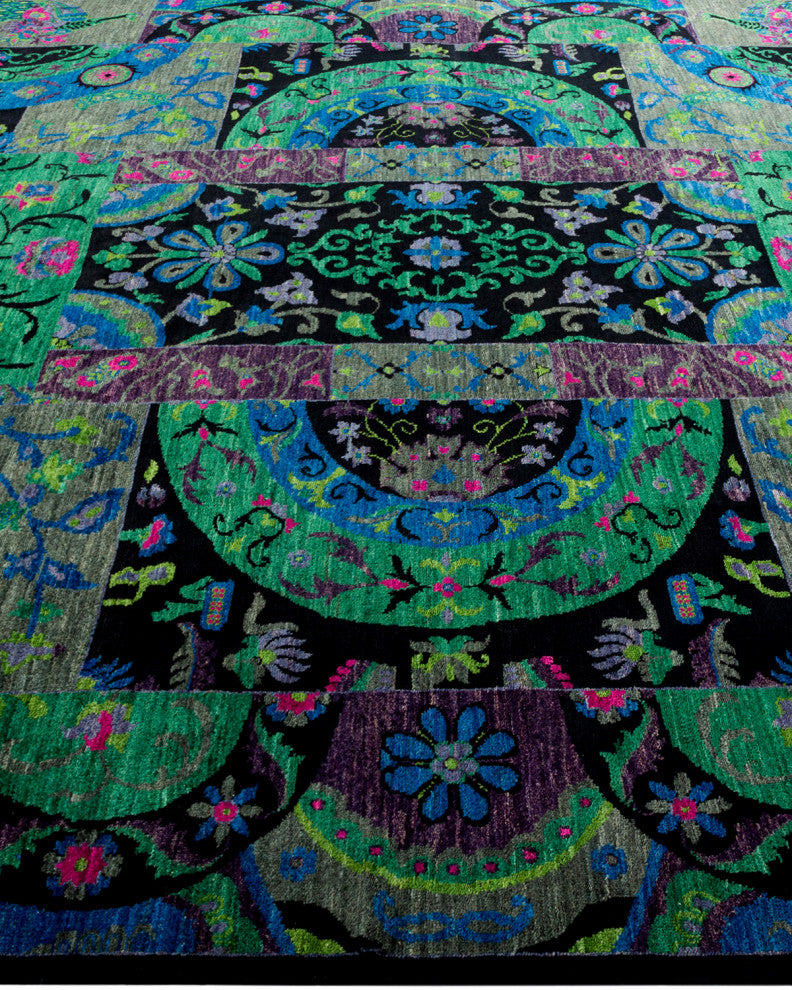 Suzani, One-of-a-Kind Hand-Knotted Area Rug Black, 8' 1" x 10' 0"