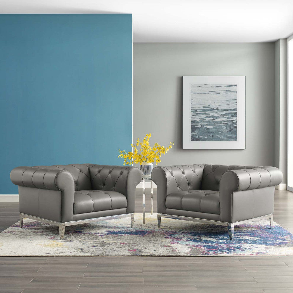 Idyll Tufted Upholstered Leather Armchair Set of 2 - Gray